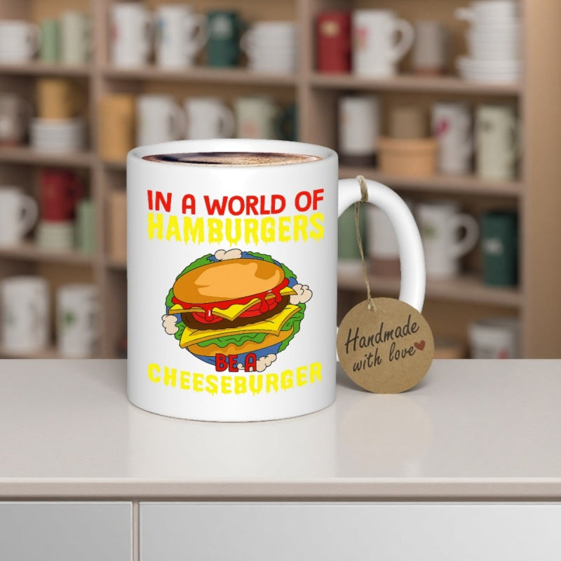 Tailorly White Ceramic 11 oz Mug - In A World Of Hamburgers Be A Cheeseburger Delicious Stacked Ingredients Featuring Cartoon Stylized Character Under Vibrant