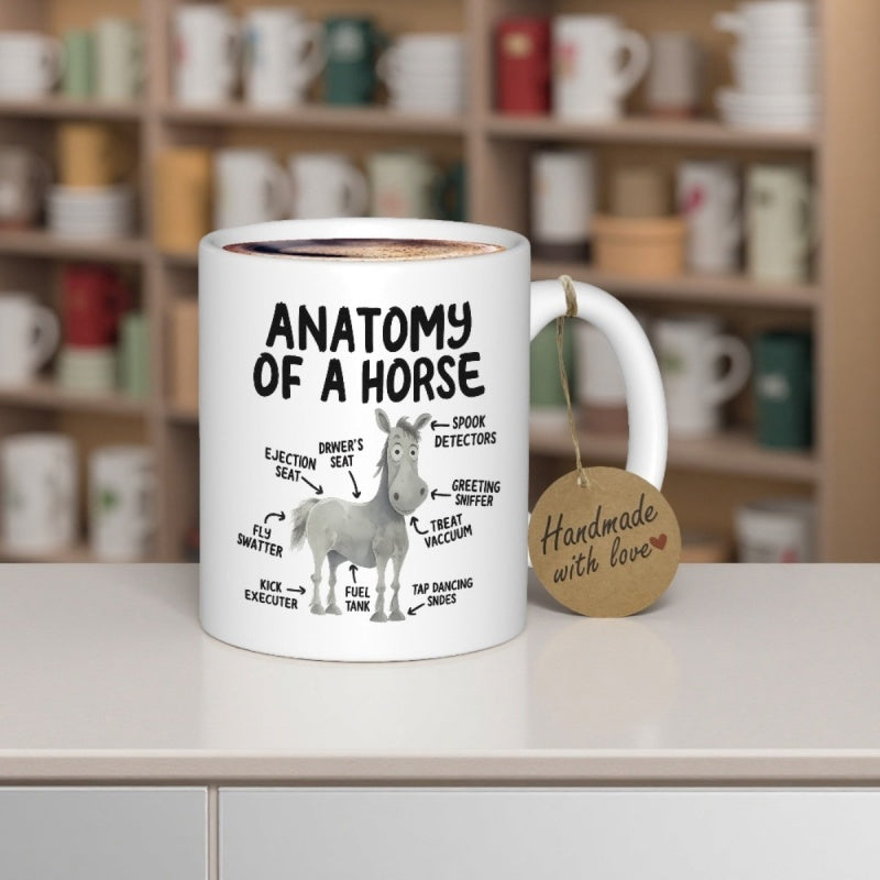 Tailorly White Ceramic 11 oz Mug - Anatomy Of A Horse Humorous Cartoon Illustration Of A Grey Friendly Standing Farm Animal Horse