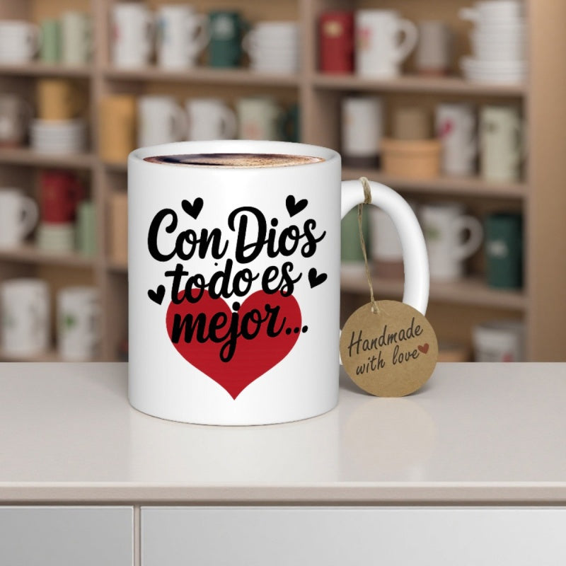 Tailorly White Ceramic 11 oz Mug - Handmade With Love Large Vibrant Red Heart Among Many Small Black Floating Love Shapes Heart