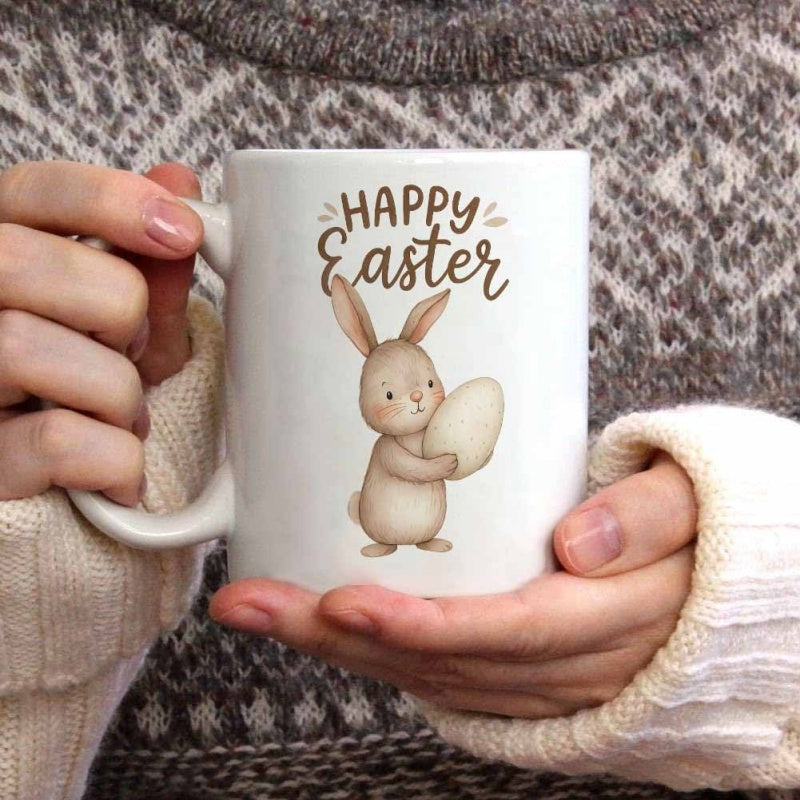 Tailorly White Ceramic 11 oz Mug - Happy Easter Adorable Watercolor Bunny Holding A Large White Egg For Spring Rabbit