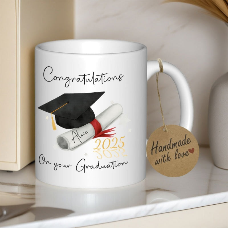 Tailorly White Ceramic 11 oz Mug - Congratulations Alice On Your Graduation Classic Black Mortarboard With Tassel And White Rolled Red Ribbon Scroll