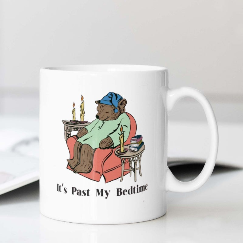Tailorly White Ceramic 11 oz Mug - Its Past My Bedtime Sleepy Brown Bear Wearing Pajamas Resting Comfortably In Red Armchair Bear