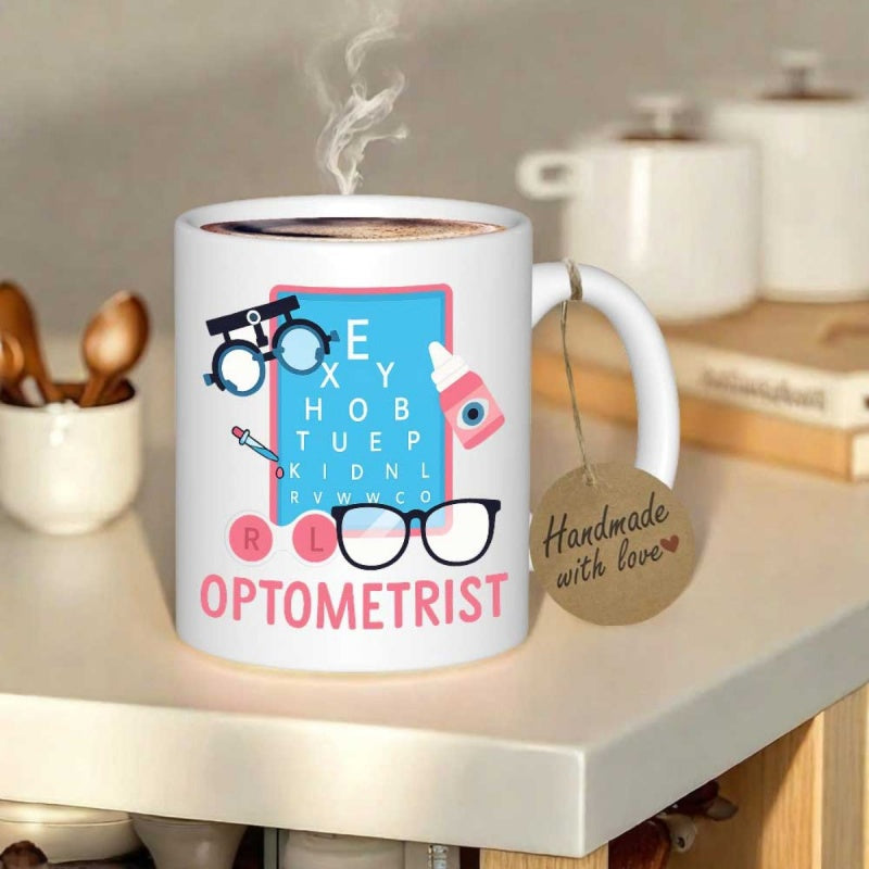 Tailorly White Ceramic 11 oz Mug - Optometrist Professional Eye Examination Chart Featuring Trial Frame And Medical Glasses Optometrist