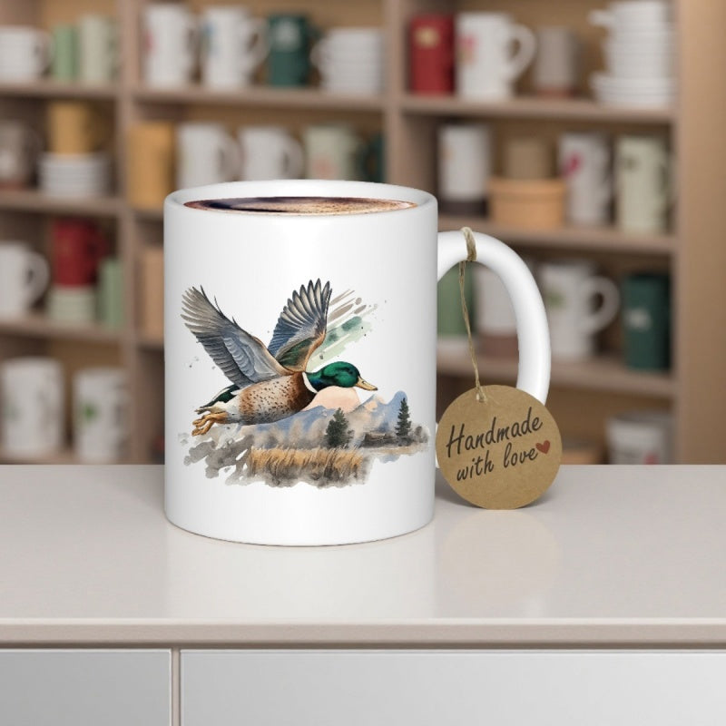 Tailorly White Ceramic 11 oz Mug - Handmade With Love Flying Over Scenic Misty Forest And Mountains Mallard Duck