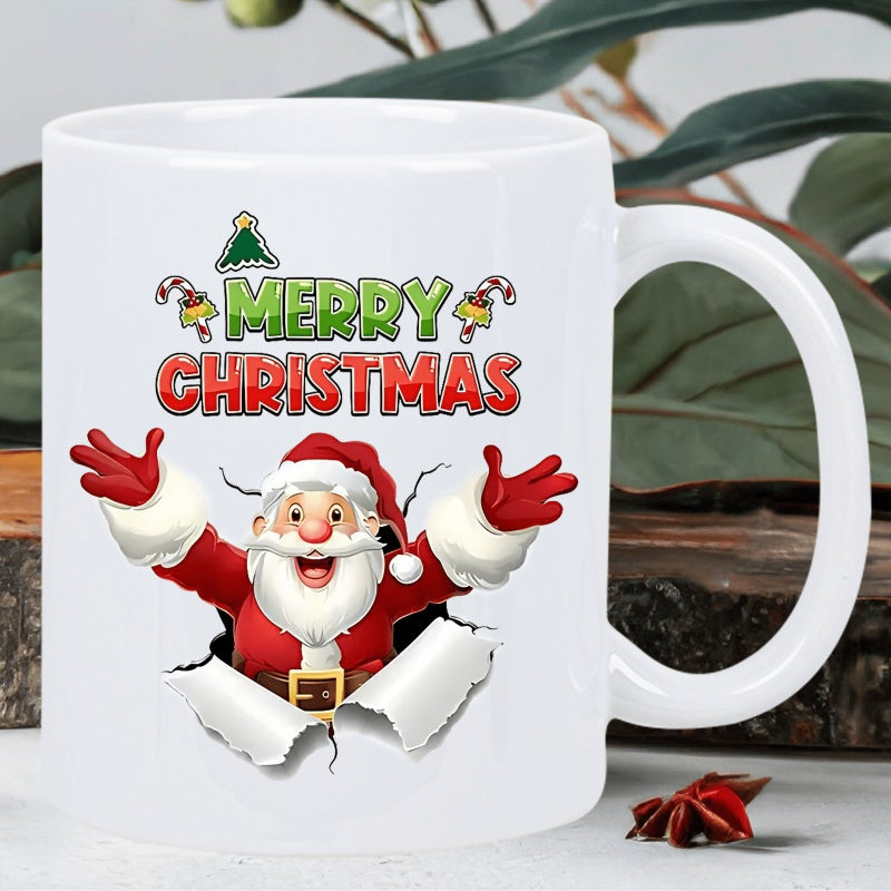 Tailorly White Ceramic 11 oz Mug - Merry Christmas Jolly Festive Santa Claus Bursting Through Paper In A Joyful Winter Scene Santa