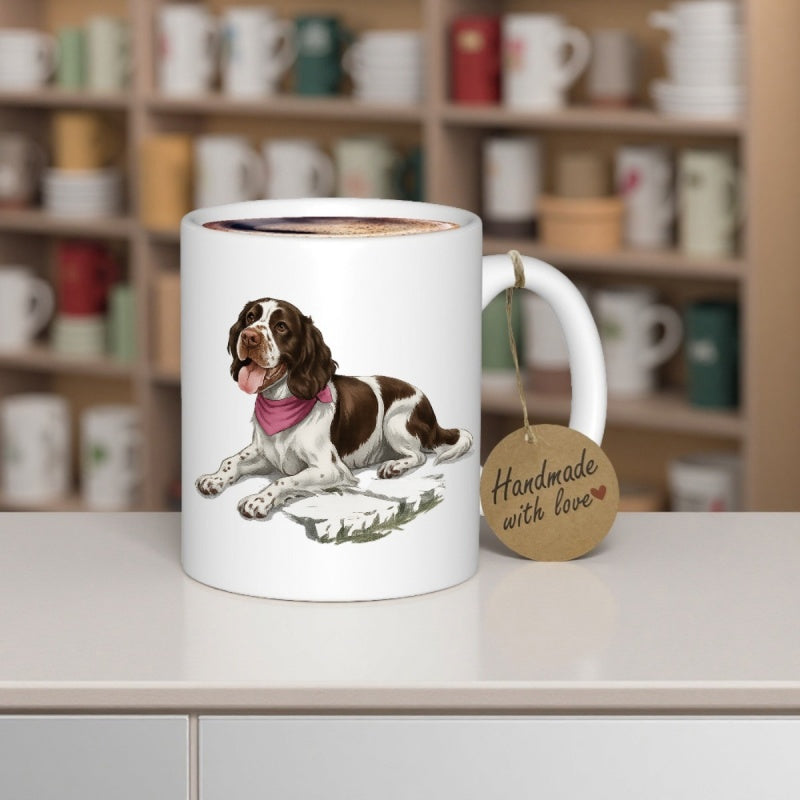 Tailorly White Ceramic 11 oz Mug - Handmade With Love Loyal Brown And White Spaniel Resting With A Pink Bandana Dog