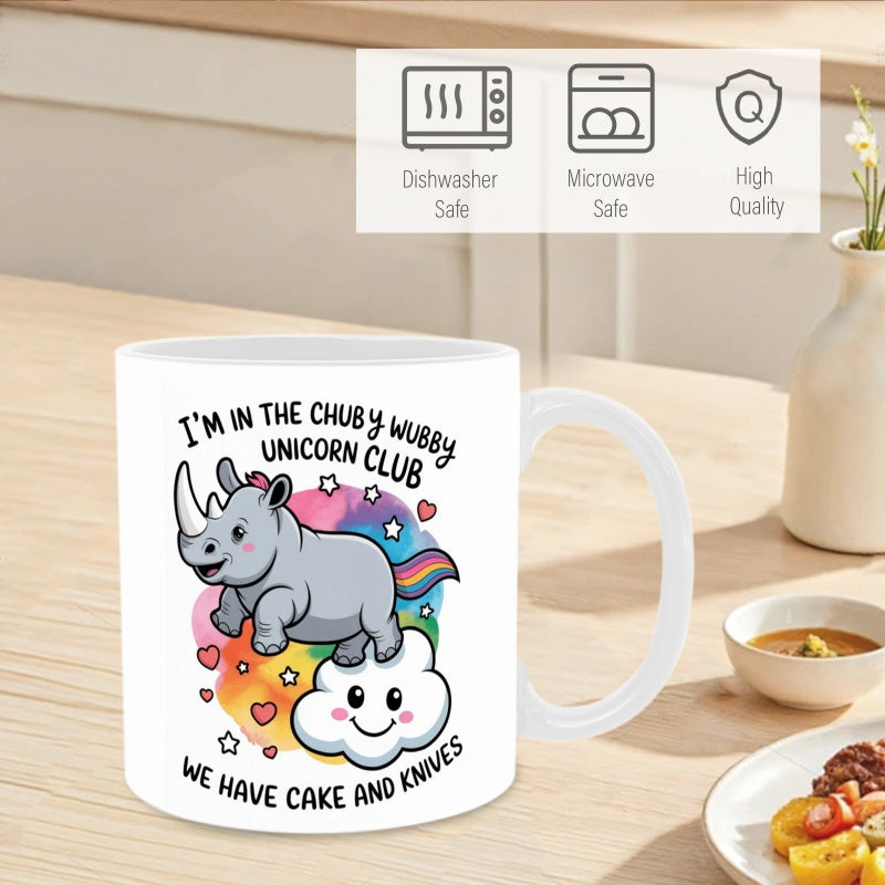Tailorly White Ceramic 11 oz Mug - Im In The Chubby Wubby Unicorn Club We Have Cake And Knives Adorable Cartoon Rhino With Unicorn Horn Jumping Over A Smiling