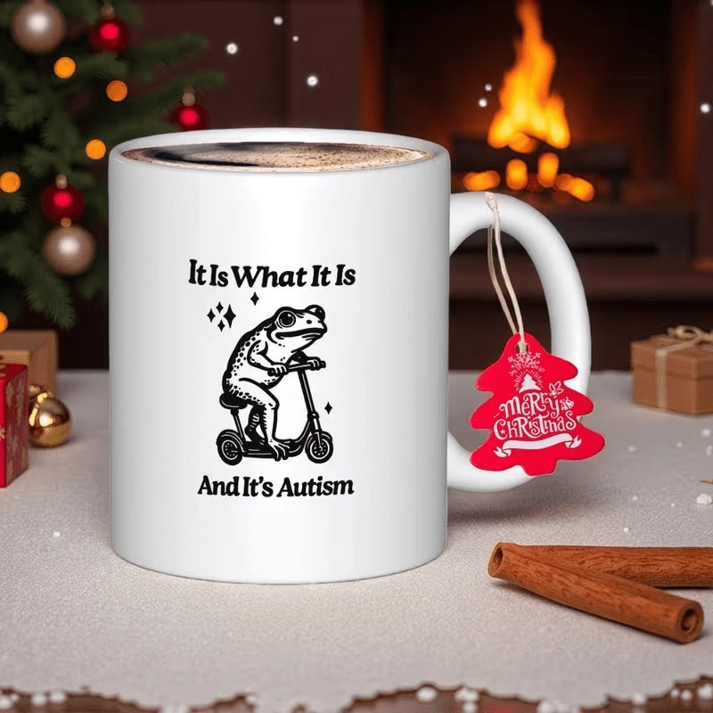 Tailorly White Ceramic 11 oz Mug - It Is What It Is And It's Autism Retro Hand Drawn Line Art Illustration Featuring A Tiny Skateboard Scooter Frog