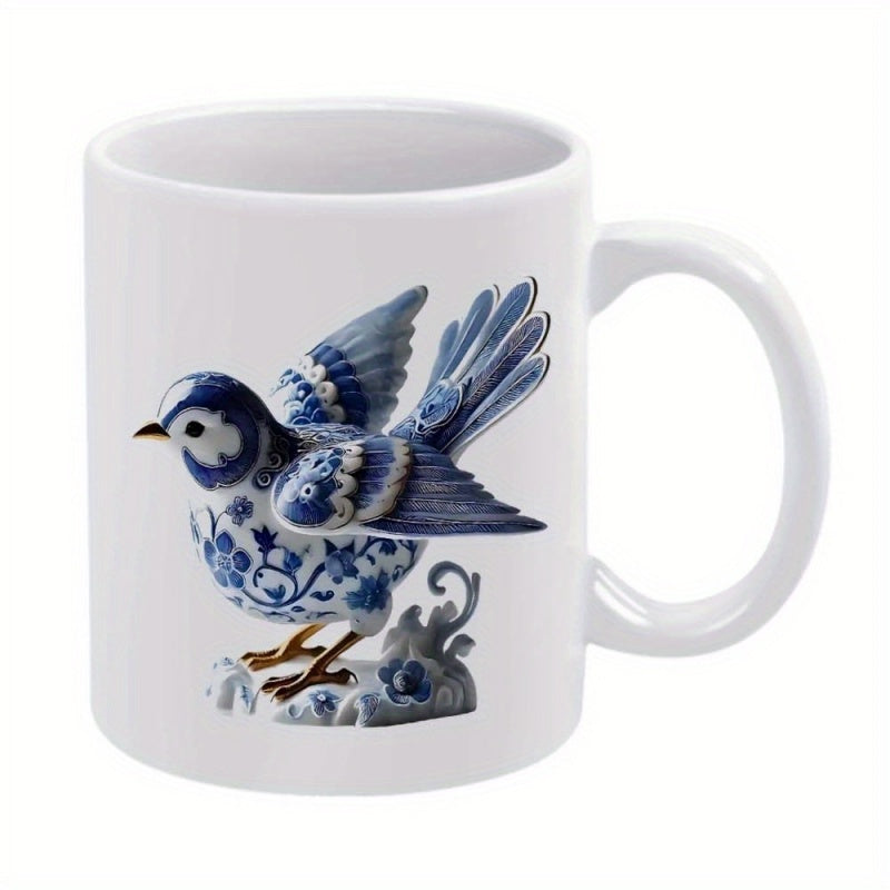 Tailorly White Ceramic 11 oz Mug - Elegant Blue And White Porcelain Style Patterned Wings On A Majestic Bird