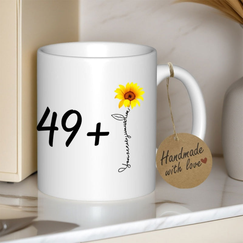 Tailorly White Ceramic 11 oz Mug - 49 Plus Vibrant Yellow Blooming Petals With Elegant Black Script Stem Sunflower