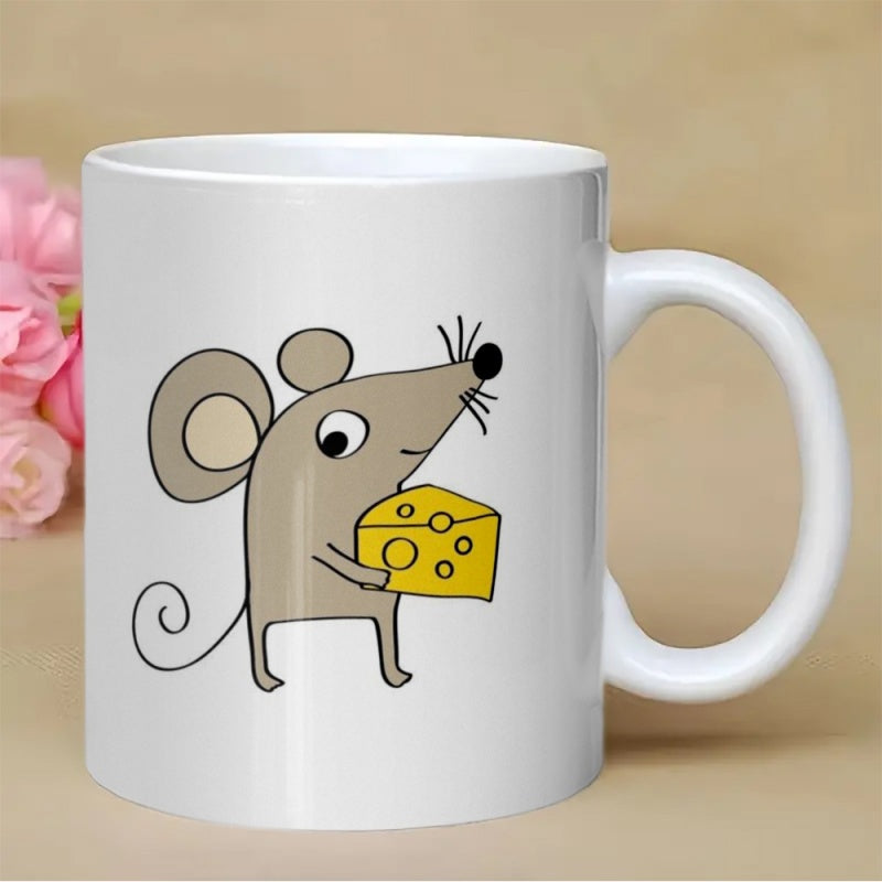 Tailorly White Ceramic 11 oz Mug - Minimalist Hand Drawn Cartoon Holding A Wedge Of Yellow Swiss Cheese Mouse