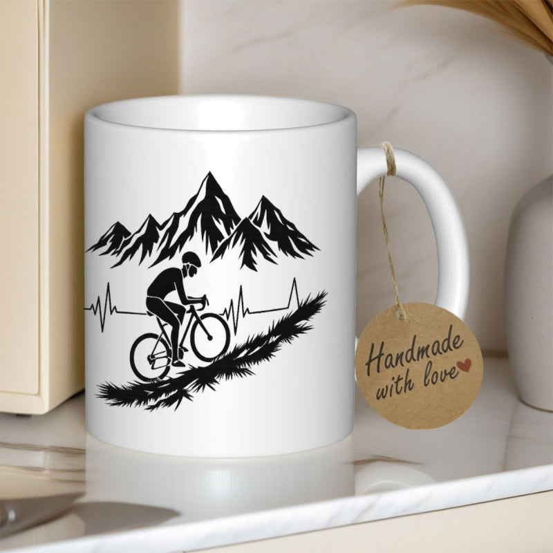 Tailorly White Ceramic 11 oz Mug - Silhouette Mountain Range With Heartbeat Line Uphill Climbing Rugged Trail Professional Cyclist