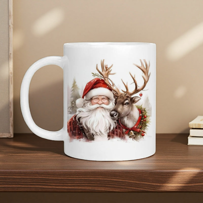 Tailorly White Ceramic 11 oz Mug - Classic Jolly Old Man Standing Beside Majestic Antlered Reindeer In Winter Woods Santa