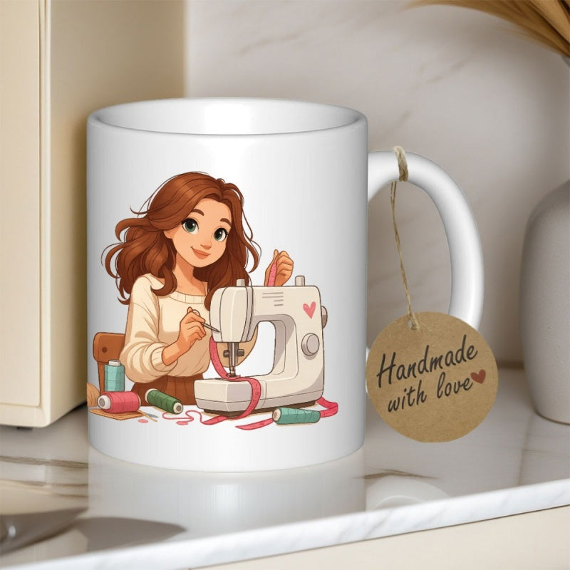 Tailorly White Ceramic 11 oz Mug - Smiling Young Woman Sewing With Pink Ribbons And Machine Seamstress