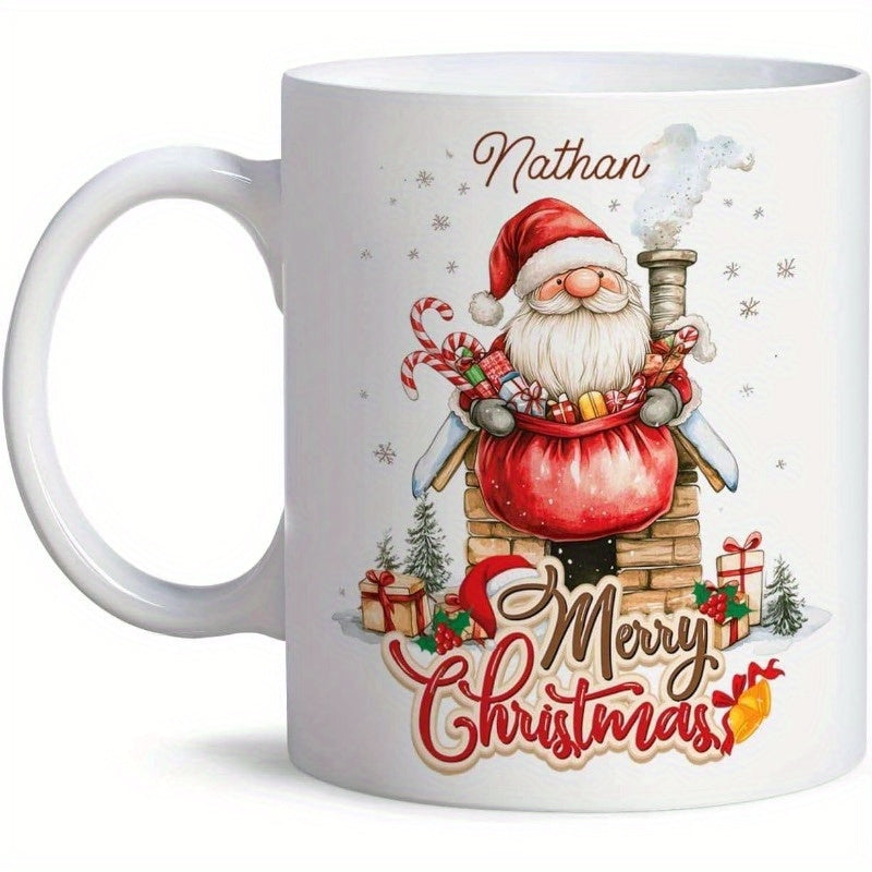 Tailorly White Ceramic 11 oz Mug - Nathan Merry Christmas Jolly Father Christmas Carrying Sack On Top Of Chimney Santa