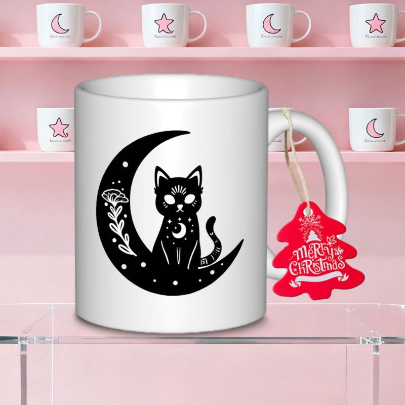 Tailorly White Ceramic 11 oz Mug - Merry Christmas Mystical Black Silhouette Resting Calmly Inside A Decorative Crescent Moon Cat