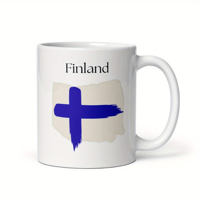 Tailorly White Ceramic 11 oz Mug - Finland Hand Painted Blue Cross Over Neutral Background National Symbol Flag