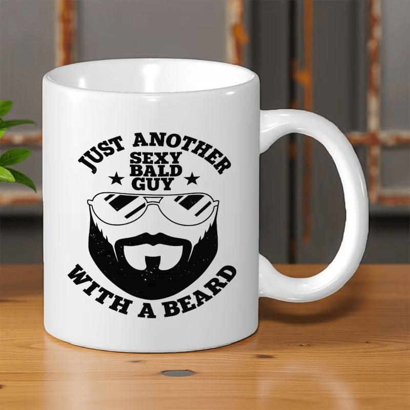 Tailorly White Ceramic 11 oz Mug - Just Another Sexy Bald Guy With A Beard Minimalist Black Silhouette With Aviator Sunglasses And Stars Beard