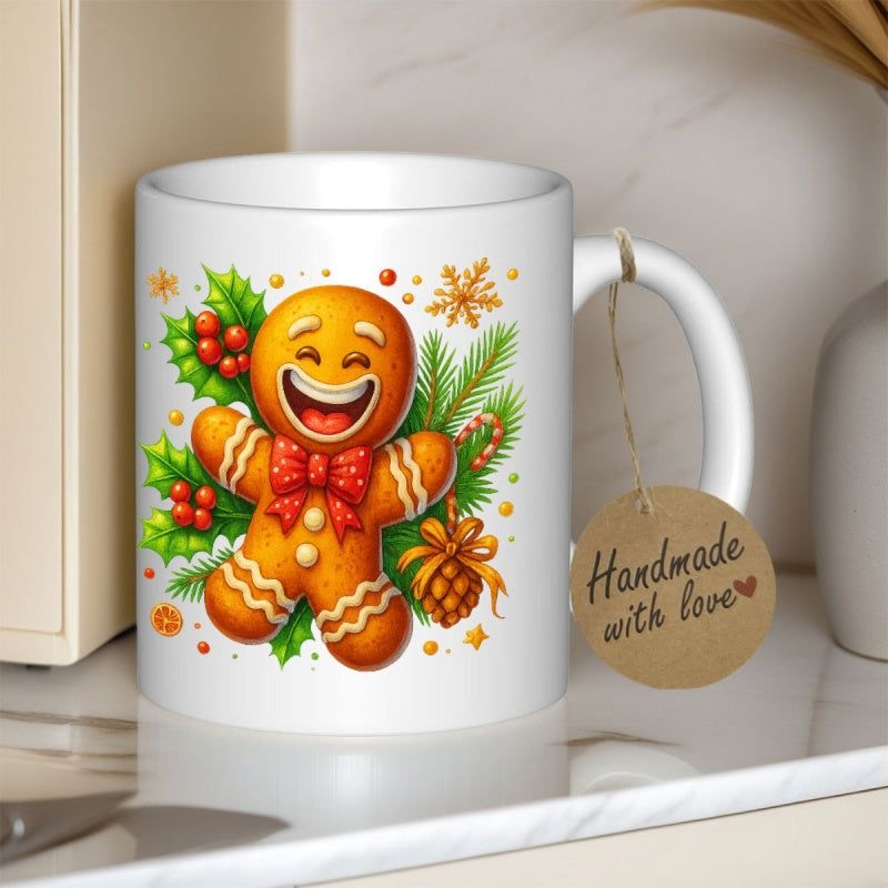 Tailorly White Ceramic 11 oz Mug - Smiling Festive Character Dancing Among Green Holly Leaves And Red Berries Gingerbread Man