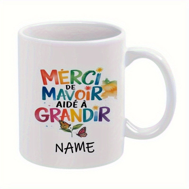 Tailorly White Ceramic 11 oz Mug - Name Colorful Butterflies Dancing Around A Small Green Sprout Under Vibrant Textures Butterfly