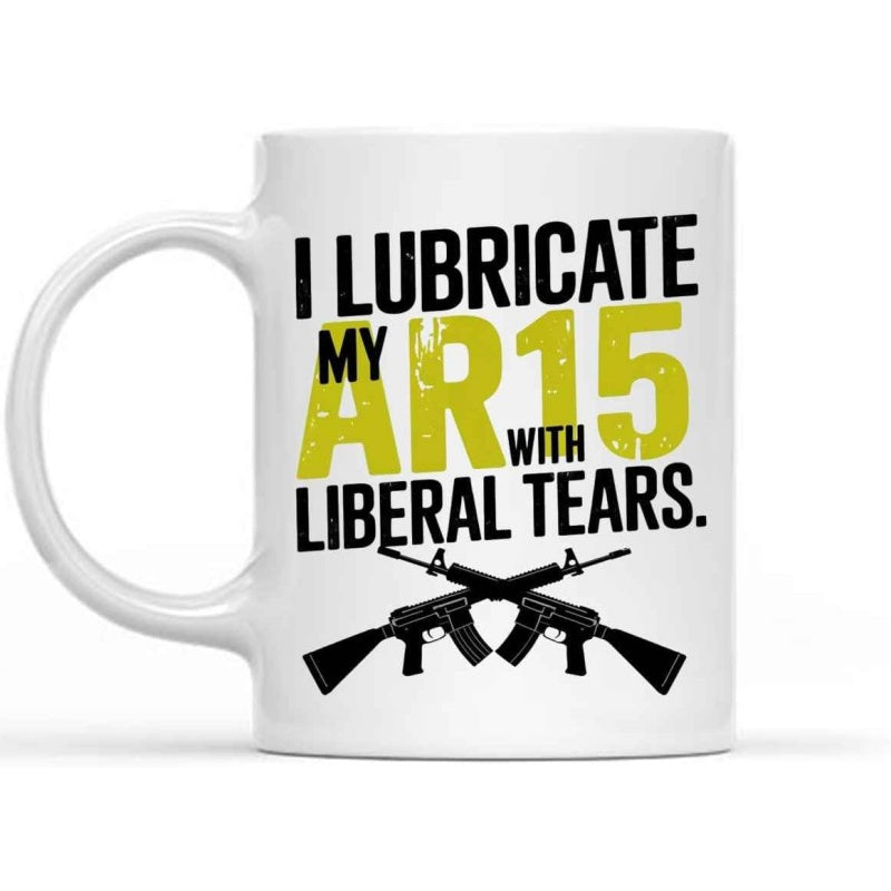 Tailorly White Ceramic 11 oz Mug - I Lubricate My AR15 With Liberal Tears Sleek Crossed Black Rifles With Detailed Silhouettes In A Symmetrical Arrangement Rifle
