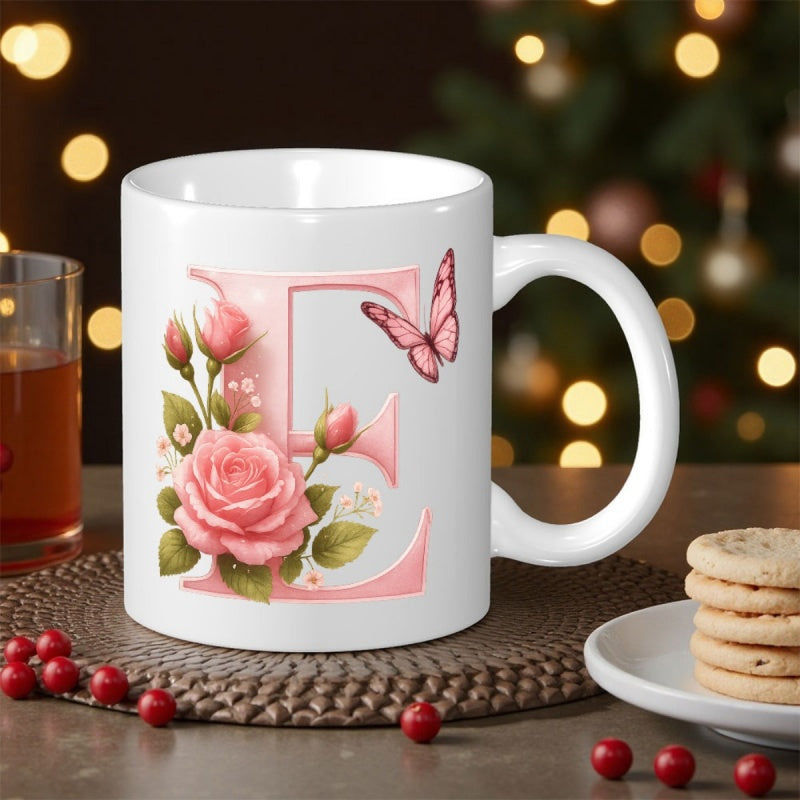 Tailorly White Ceramic 11 oz Mug - E Blooming Pink Roses With Delicate Butterfly Dancing Near A Large Letter Rose