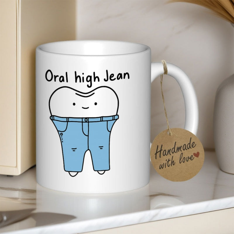Tailorly White Ceramic 11 oz Mug - Oral High Jean Cute Smiling Cartoon Wearing High Waisted Blue Denim Jeans Tooth