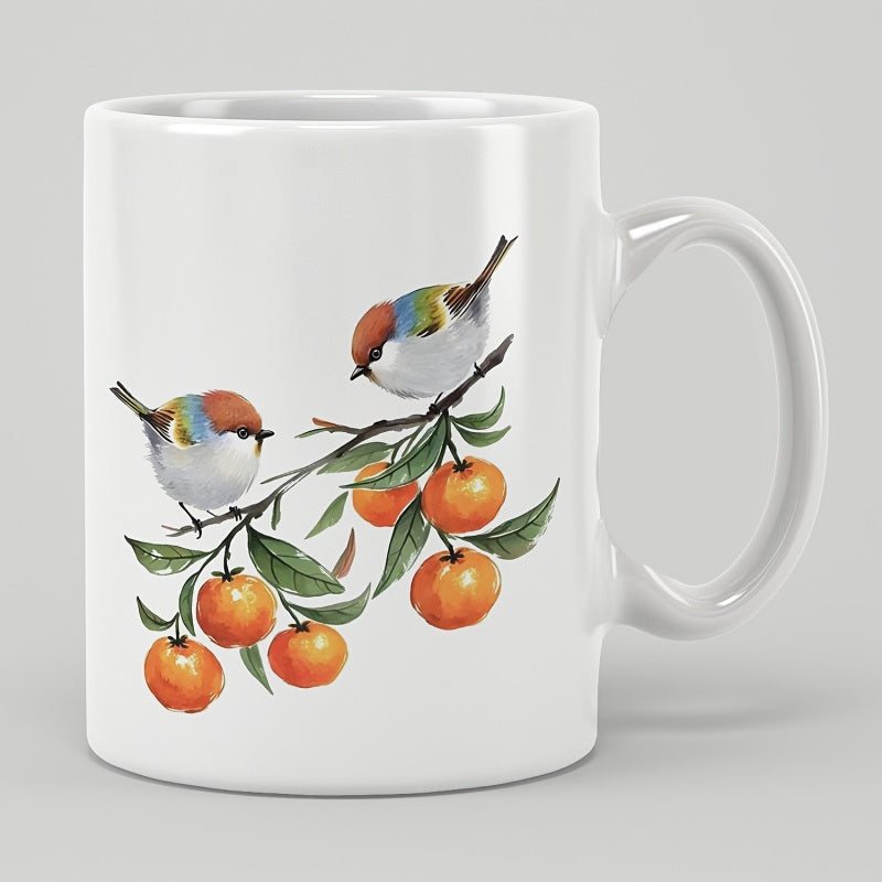 Tailorly White Ceramic 11 oz Mug - Two Delicate Watercolor Birds Perched On A Branch With Ripe Oranges Bird