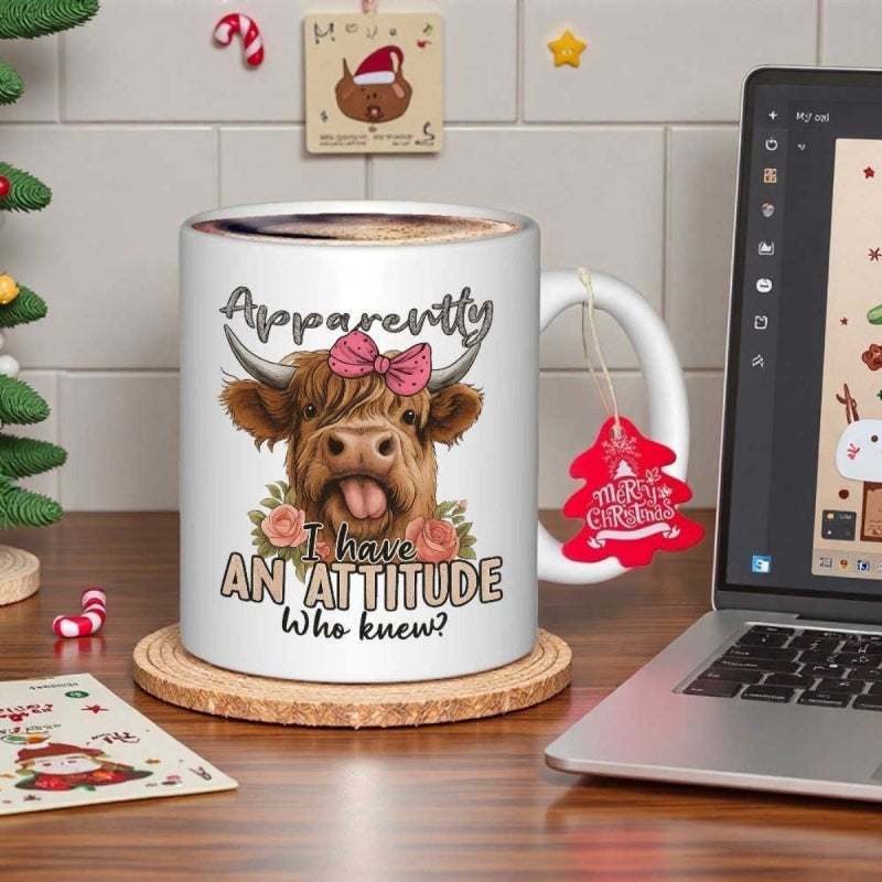 Tailorly White Ceramic 11 oz Mug - Apparently I Have An Attitude Who Knew Highland Cow Wearing Pink Bow Sticking Tongue Out Among Flowers Cow