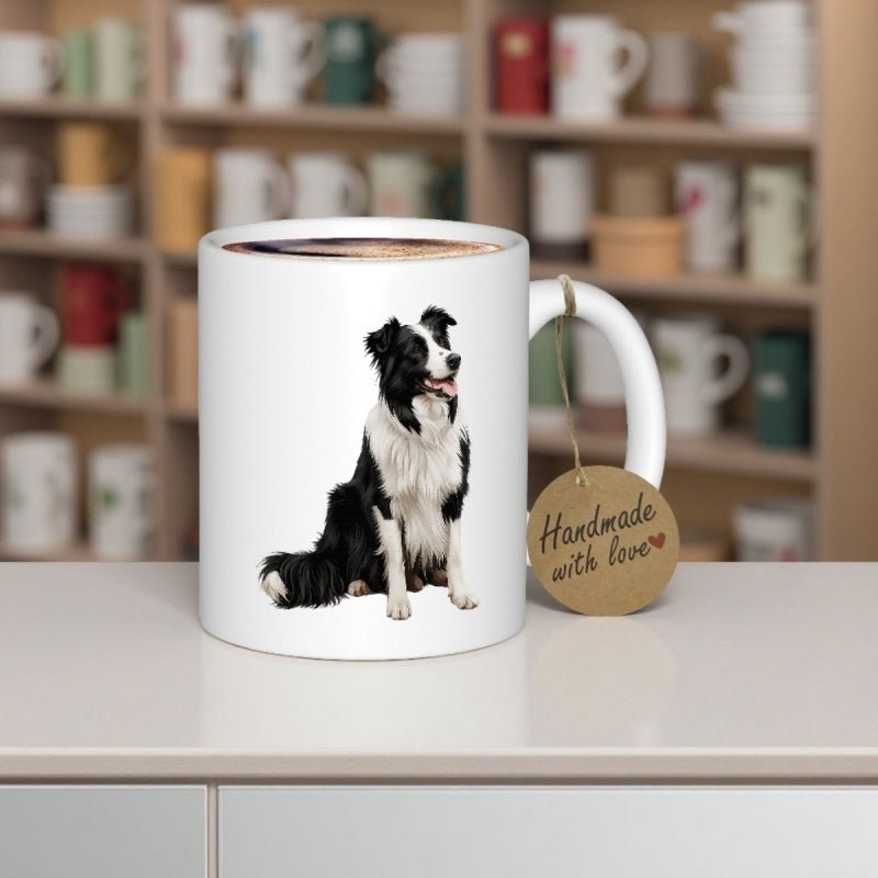 Tailorly White Ceramic 11 oz Mug - Handmade With Love Loyal Intelligent Black And White Herding Dog Sitting Patiently Border Collie