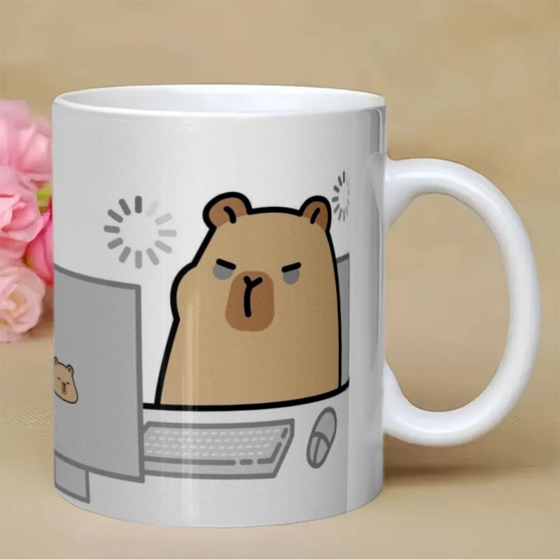 Tailorly White Ceramic 11 oz Mug - Adorable Brown Animal Sitting At Desk Working On Office Computer Capybara
