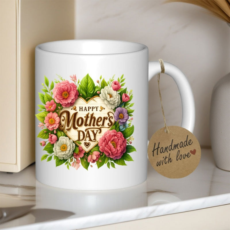 Tailorly White Ceramic 11 oz Mug - Happy Mothers Day Vibrant Pink Roses Surrounded By Lush Green Foliage Within Heart Flower