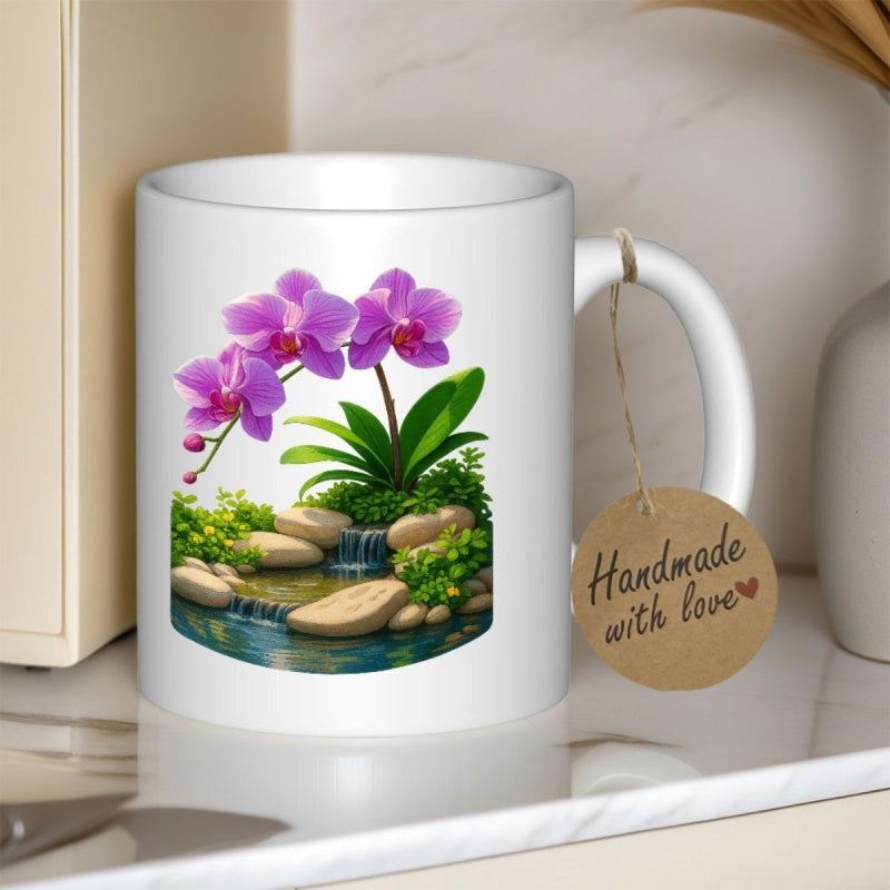 Tailorly White Ceramic 11 oz Mug - Handmade With Love Elegant Purple Orchids Blooming Near A Serene Waterfall And Stones Orchid
