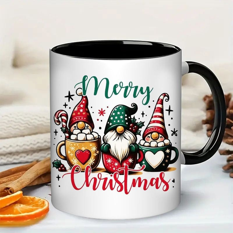 Tailorly Black Accent 11 oz Mug - merry christmas gnome with red and green hats