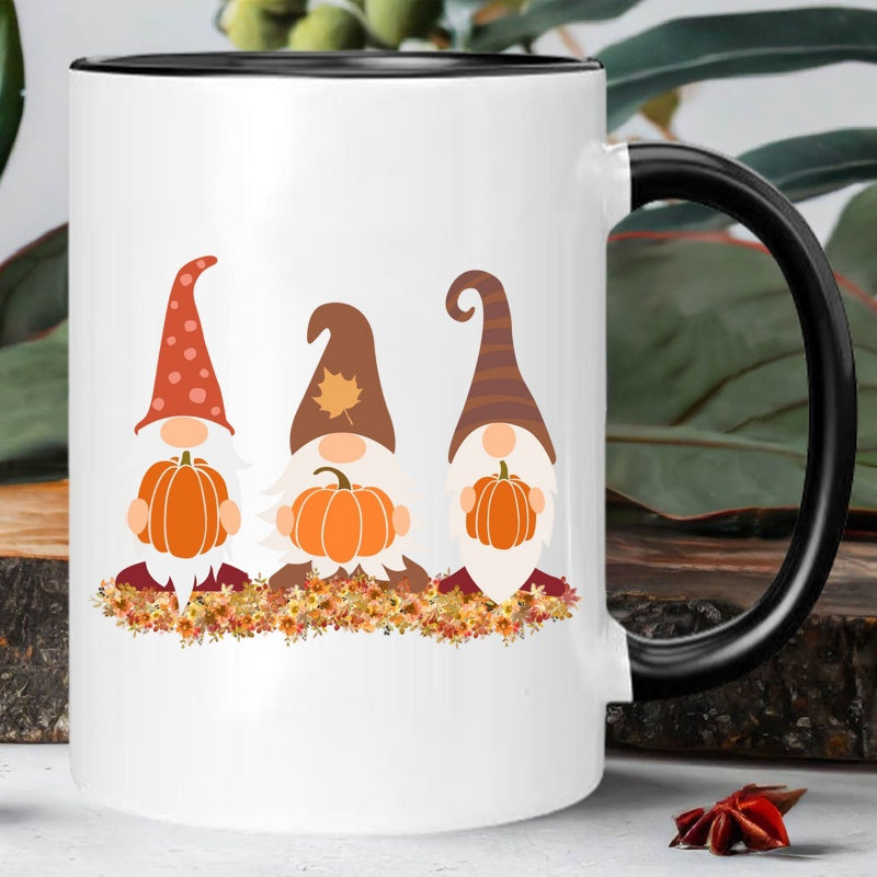 Tailorly Black Accent 11 oz Mug - 4 happy gnomes with pumpkin pattern