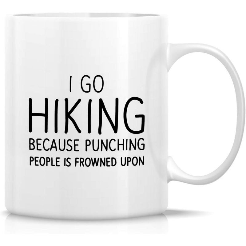 Tailorly White Ceramic 11 oz Mug - I Go Hiking Because Punching People Is Frowned Upon Minimalist White Ceramic Coffee Cup With Clean Typographic Humor Mug