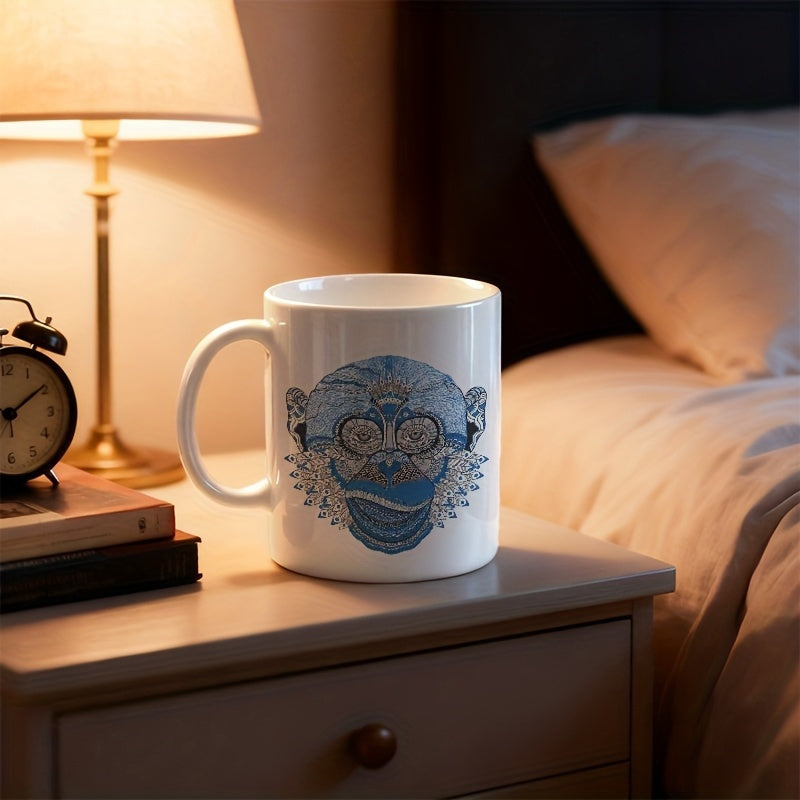 Tailorly White Ceramic 11 oz Mug - Intricate Blue Mandala Style Detailed Primate Head Portrait Monkey