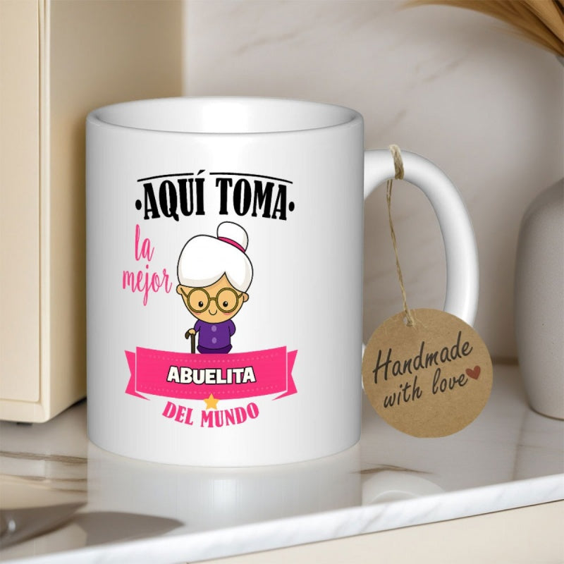 Tailorly White Ceramic 11 oz Mug - Handmade With Love Cartoon Elderly Woman With White Bun Hair Wearing Glasses And Purple Outfit Grandmother