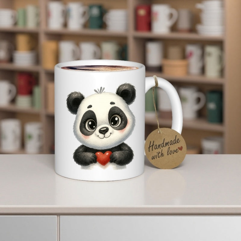 Tailorly White Ceramic 11 oz Mug - Handmade With Love Adorable Sitting Cartoon Character Holding A Bright Red Heart Panda