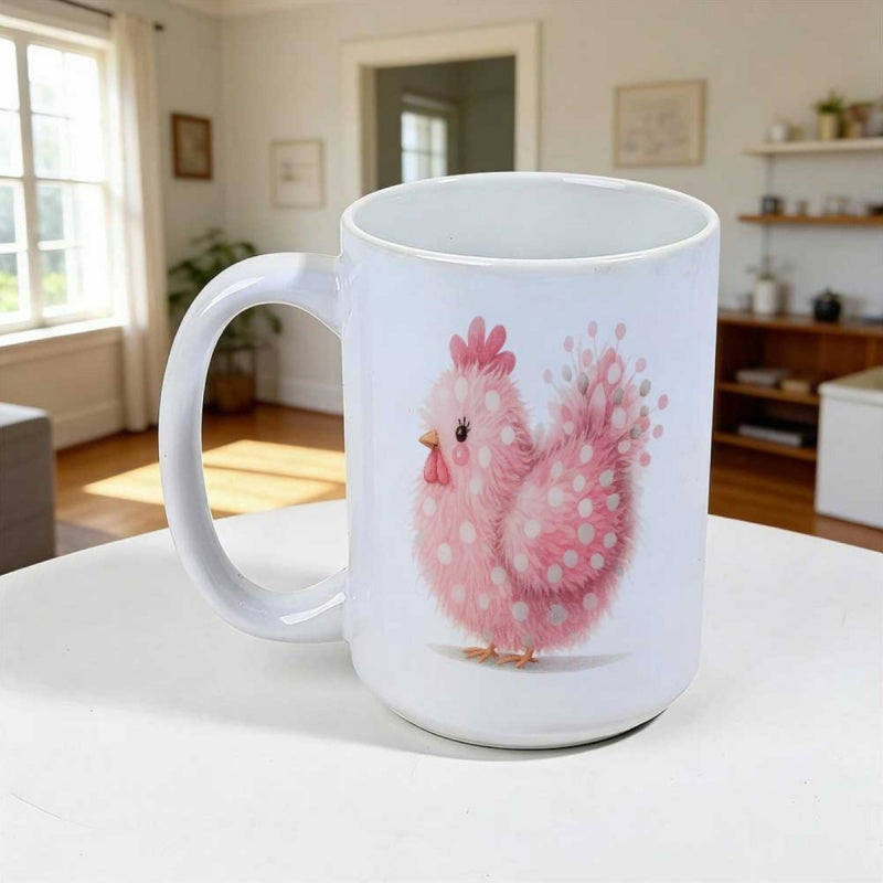 Tailorly White Ceramic 11 oz Mug - Adorable Pink Fluffy Polka Dot Pattern With Cute Little Beak Hen
