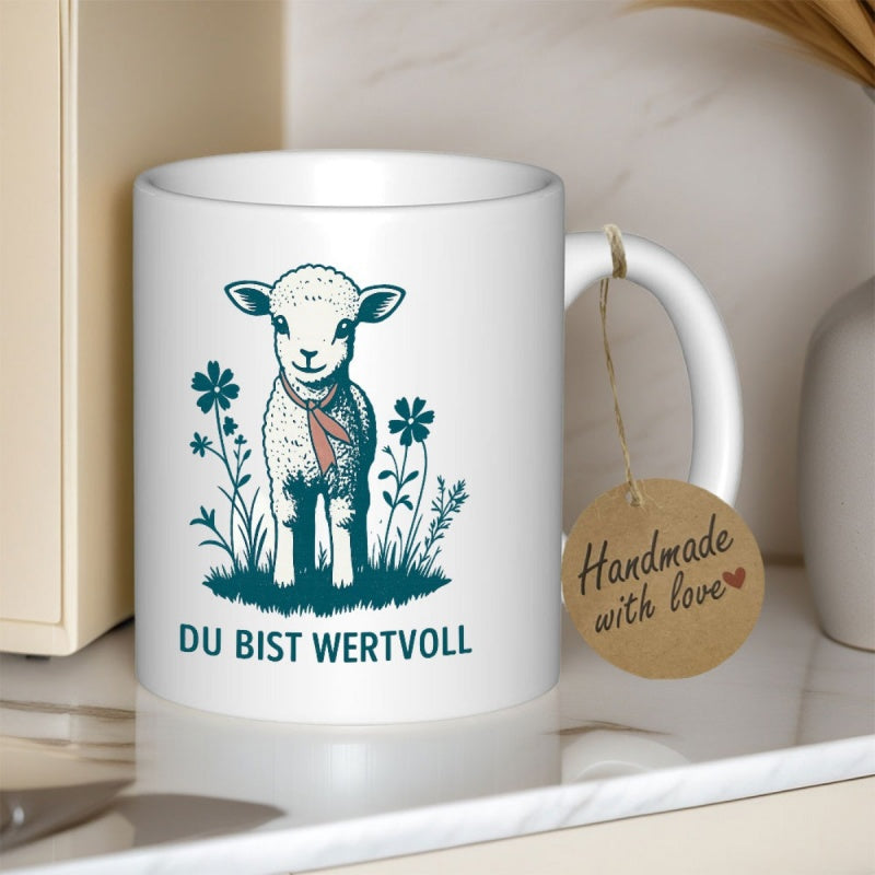 Tailorly White Ceramic 11 oz Mug - Adorable Little Sheep Standing In Grass Among Wild Blooming Flowers Lamb