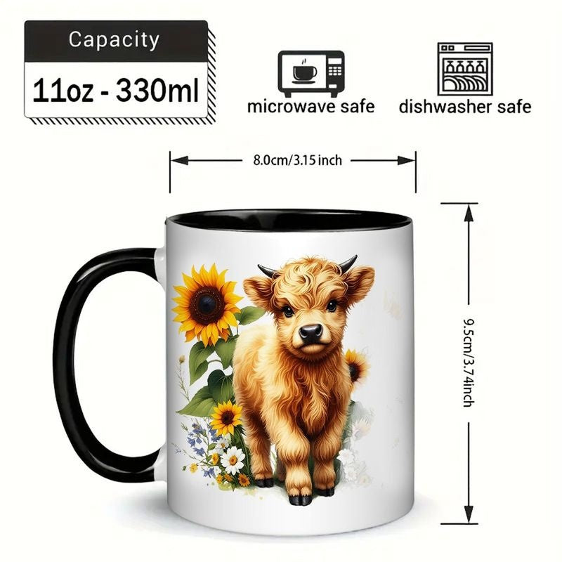 Tailorly Black Accent 11 oz Mug - scottish highland cow with sunflower pattern