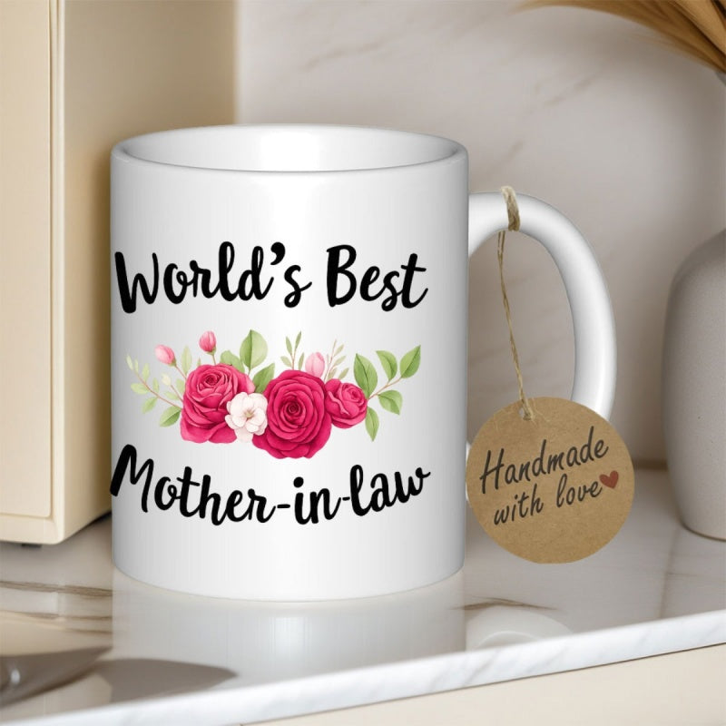 Tailorly White Ceramic 11 oz Mug - Worlds Best Mother In Law Elegant Pink Roses Blooming Among Green Leaves On A