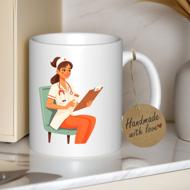 Tailorly White Ceramic 11 oz Mug - Diligent Female Medical Professional Sitting In Uniform Holding A Brown Clipboard Nurse