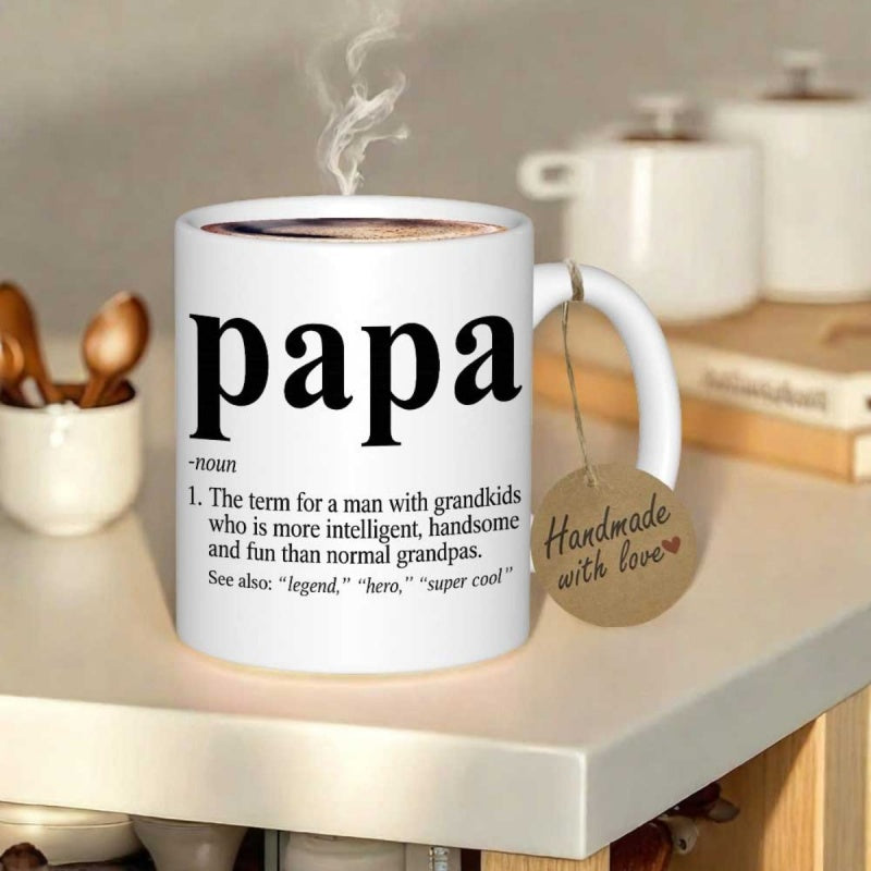 Tailorly White Ceramic 11 oz Mug - Papa Elegant White Ceramic Kitchenware Placed On Surface With Rising Vapor Mug