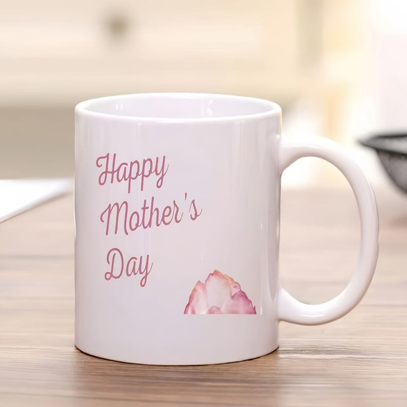 Tailorly White Ceramic 11 oz Mug - Happy Mother's Day Elegant Pink Script With Soft Watercolor Abstract Peak Mountain