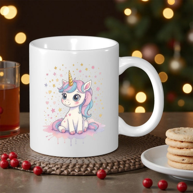Tailorly White Ceramic 11 oz Mug - Adorable Pastel Unicorn Sitting Peacefully Surrounded By Sparkling Colorful Stars Unicorn