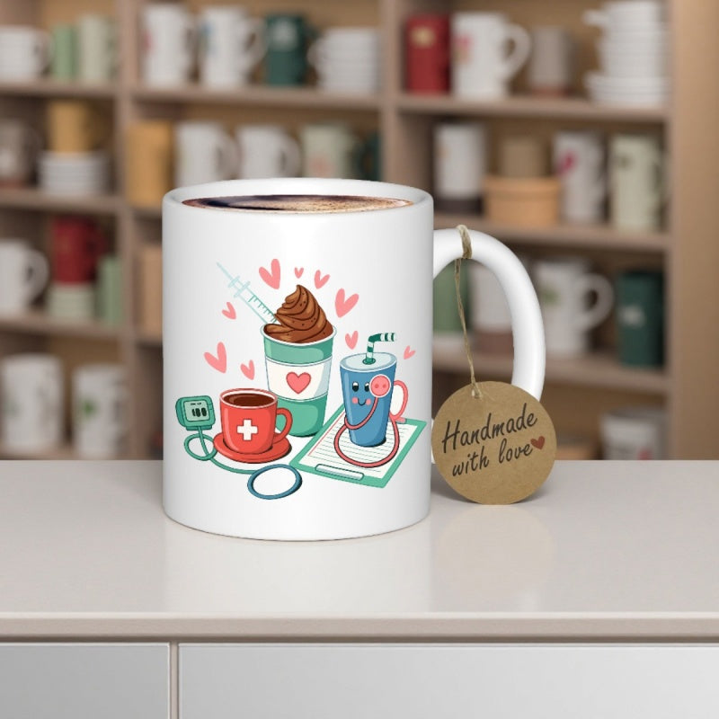 Tailorly White Ceramic 11 oz Mug - Handmade With Love Adorable Healthcare Themed Beverage Characters Among Floating Pink Love Hearts Mug