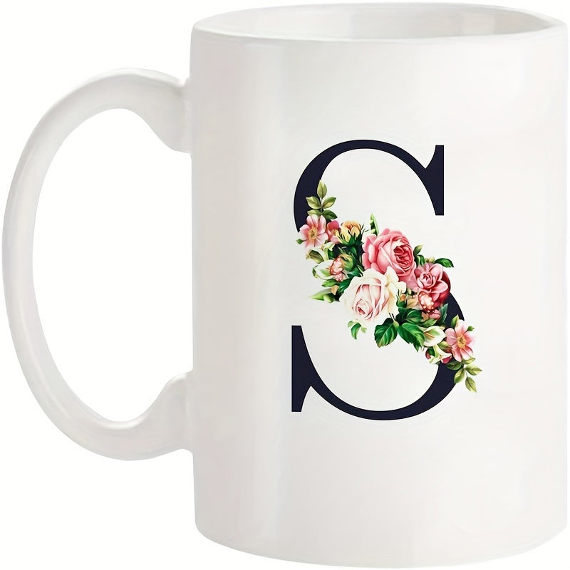 Tailorly White Ceramic 11 oz Mug - S Elegant Pink Blooming Roses With Green Leaves Around A Serif Letter Rose