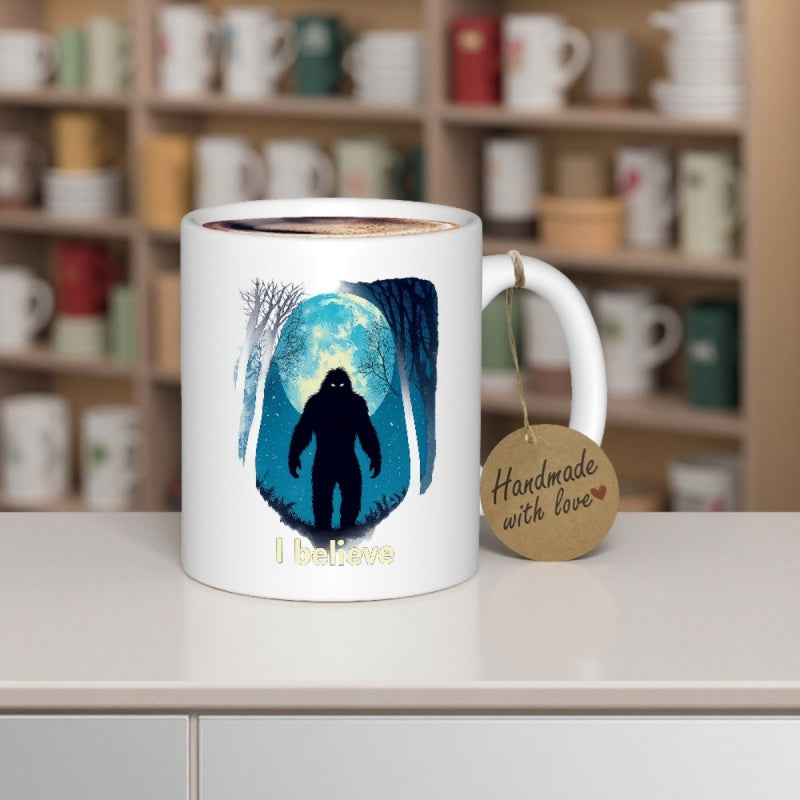 Tailorly White Ceramic 11 oz Mug - I Believe Mysterious Silhouette Standing Within A Dark Forest Under A Glowing Full Moon Bigfoot